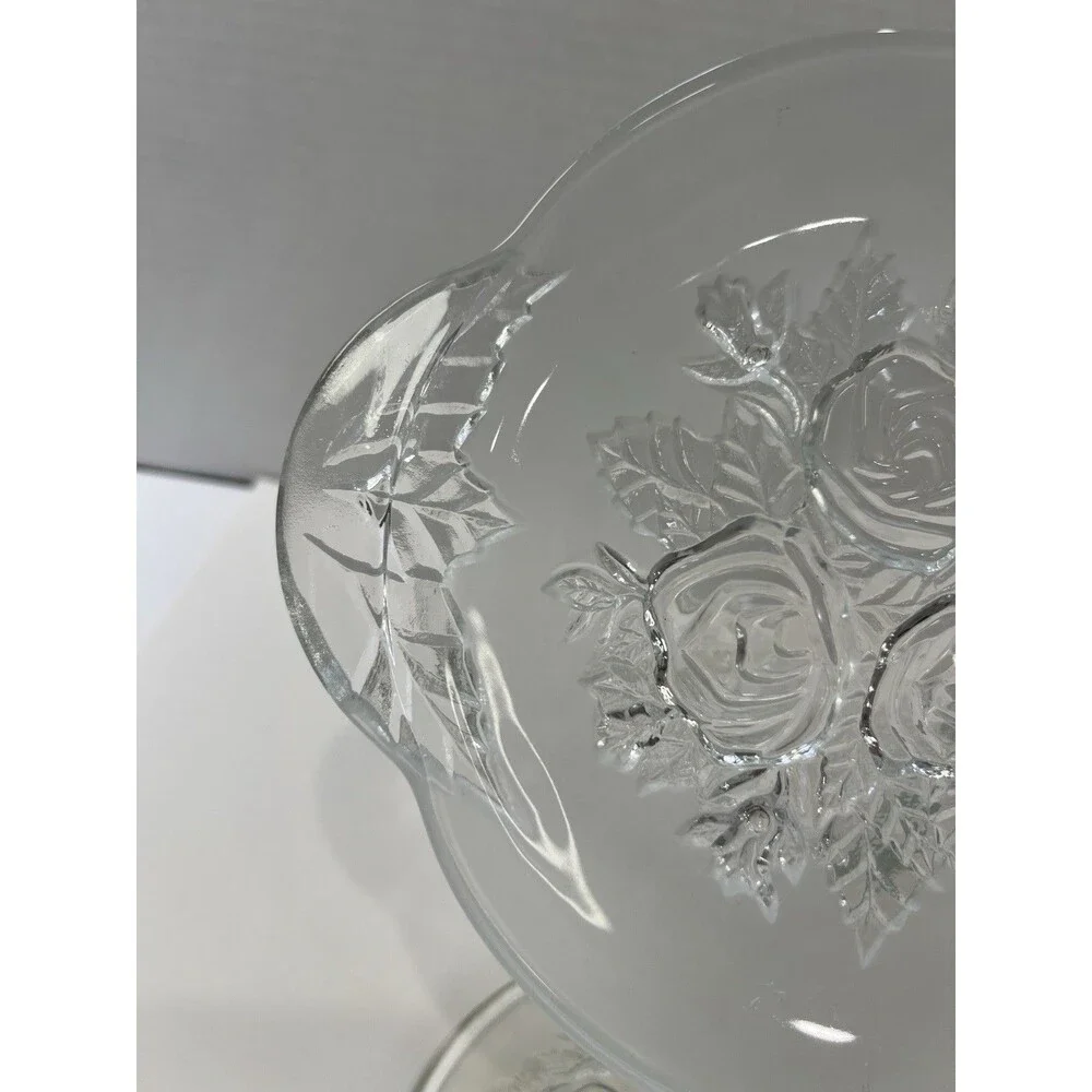Vintage Pressed Roses Glass Candy  Dish Jar Lid 5 1/2” Underplate Frosted 8”